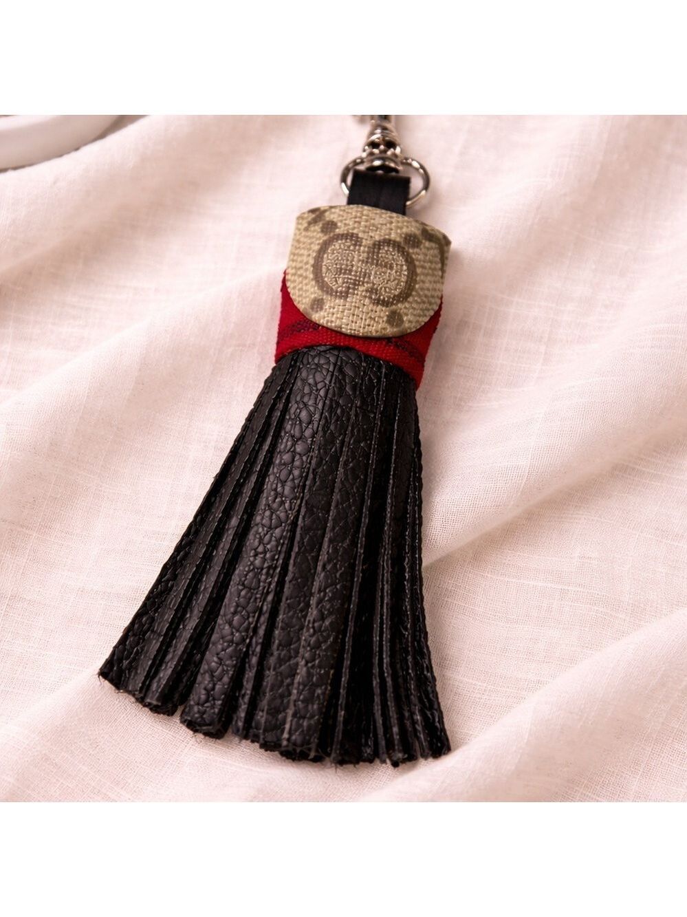 Handmade Designer Canvas Tassel Keychain Charm Black Leather Red Stripe